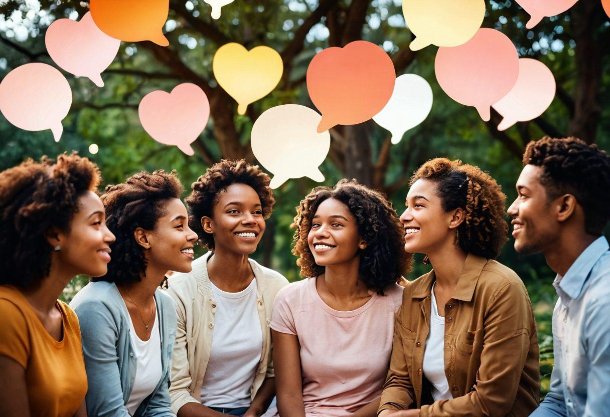 A diverse group of people engaged in deep conversation, with warm, expressive facial expressions showcasing empathy and understanding. Surround them with floating speech bubbles filled with heart symbols and soft, glowing lights to represent emotional connections. Include a serene background of nature, symbolizing harmony and openness in communication. super-realistic. vibrant colors. soft focus.