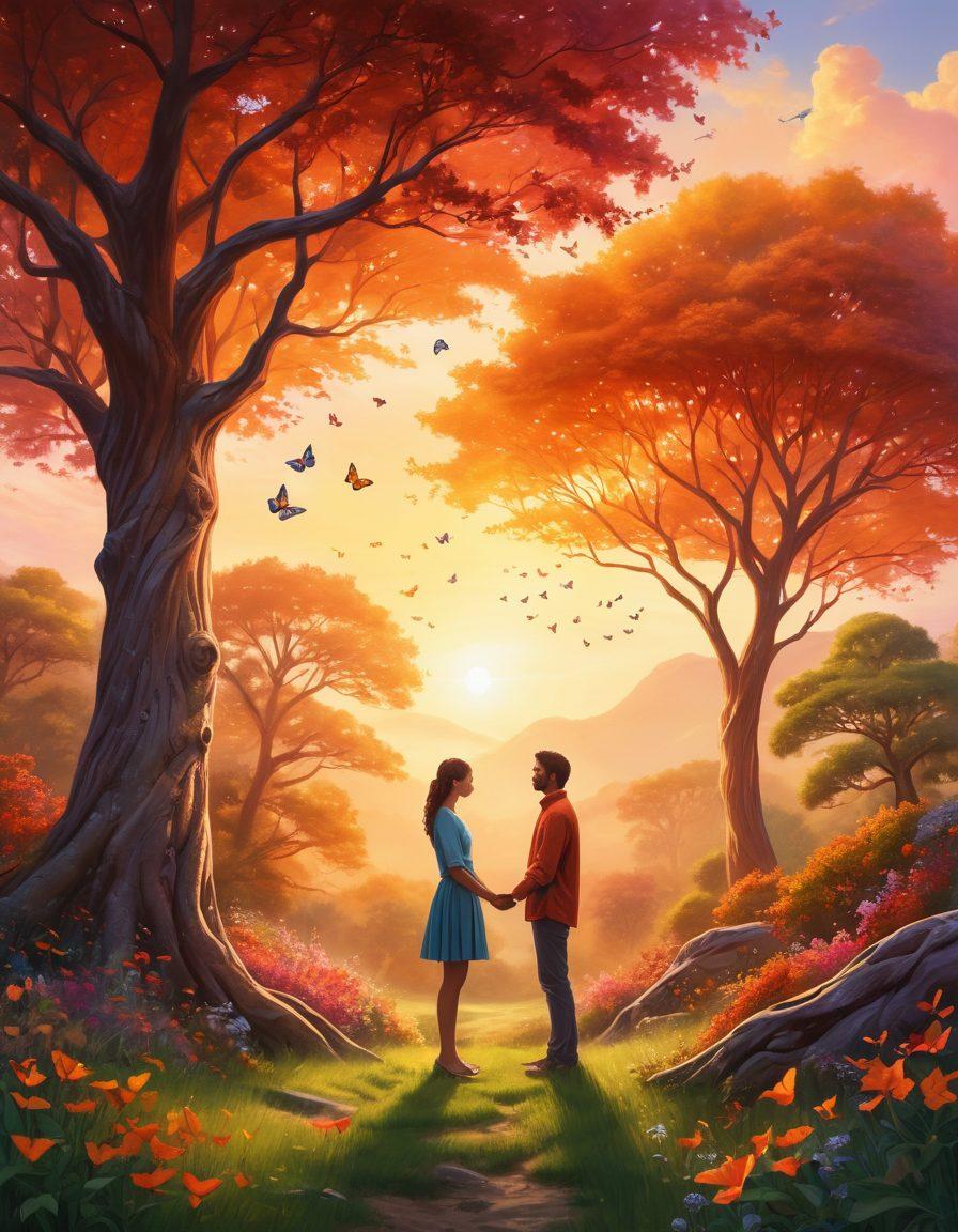 A serene landscape illustrating two people engaged in a heartfelt conversation, surrounded by vibrant nature symbolizing growth and connection. Include elements like butterflies representing transformation, and visual metaphors of emotional intelligence, such as intertwined trees. The background should evoke warmth and harmony, showcasing a sunrise to signify new beginnings. super-realistic. vibrant colors. soft focus.