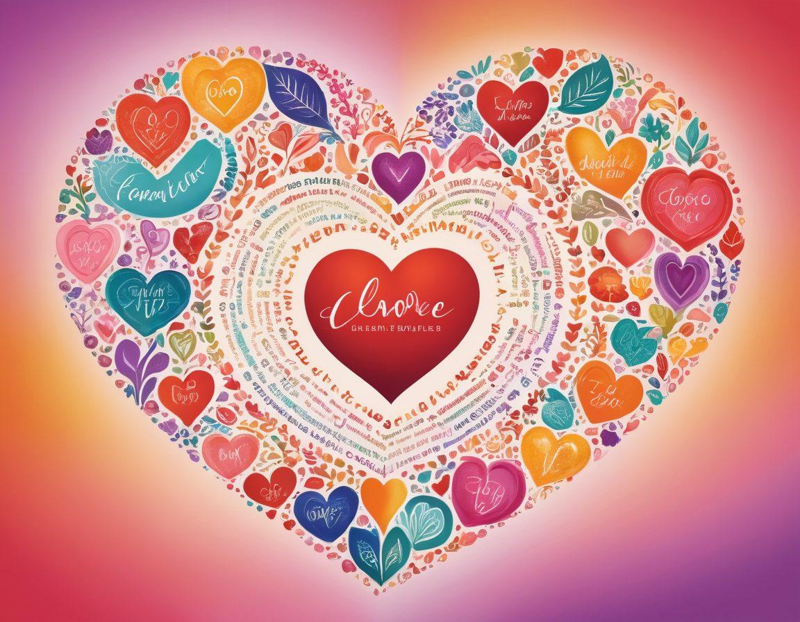 A beautifully illustrated heart made up of diverse symbols representing different love languages (words of affirmation, acts of service, receiving gifts, quality time, and physical touch). Each section should have vibrant colors reflecting warmth and connection. Include subtle images of people interacting in loving ways around the heart, embodying these languages. The background should be soft and inviting, enhancing the theme of love and relationships. vibrant colors. soft focus. illustration.